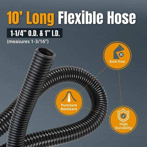 10 ft dust collection hose with flexible kink-free design, puncture resistance, 1-1/4 O.D. and 1 I.D. for woodworking tools