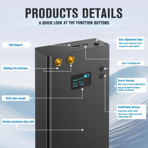 Beast Mini Spot Welder Kit with 7500mAh Battery LCD color screen, Type-C port, settings for welding pen interface and gear adjustment.