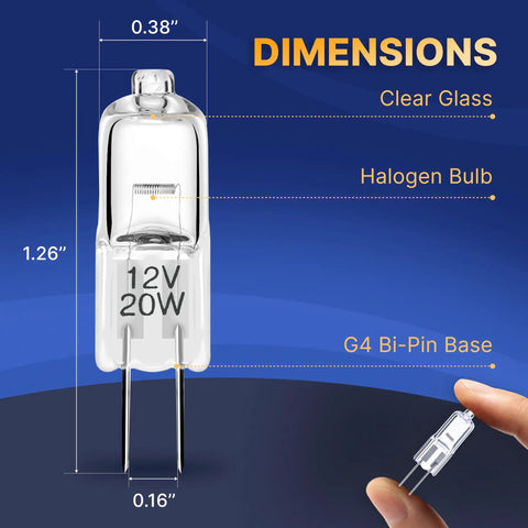 G4 12V 20W Halogen Bulbs Pack Low Voltage For Under Cabinet Puck Lights Chandeliers And Track Lighting Warm White 2700K 10 Pack Bi Pin Lamps With 280 Lumens Compact Size showing dimensions and clear glass design
