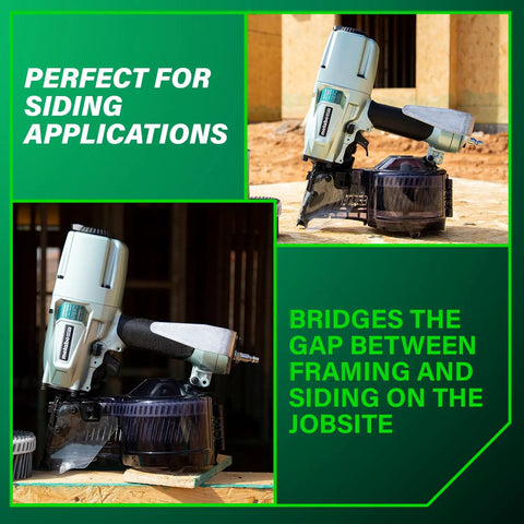 Pro Siding And Light Framing Coil Nailer For 16 Degree Wire Nails And 15 Degree Plastic Nails, Lightweight Pneumatic Nail Gun Weighing 5.7 Lbs For Quick Siding And Framing Jobs, NV75A5, shown with framing and siding application text.