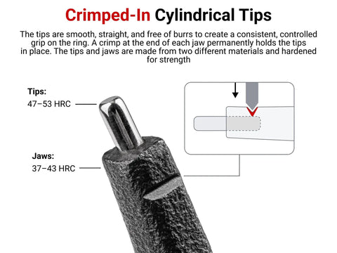 Close-up of 7 Inch 90 Degree External Retaining Ring Pliers With 0.070 In Tips, featuring crimped-in cylindrical tip design.