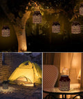Outdoor Solar Lanterns Pack of 2 Waterproof Hanging Lanterns with handles, illuminating a garden, patio, and campsite at night.