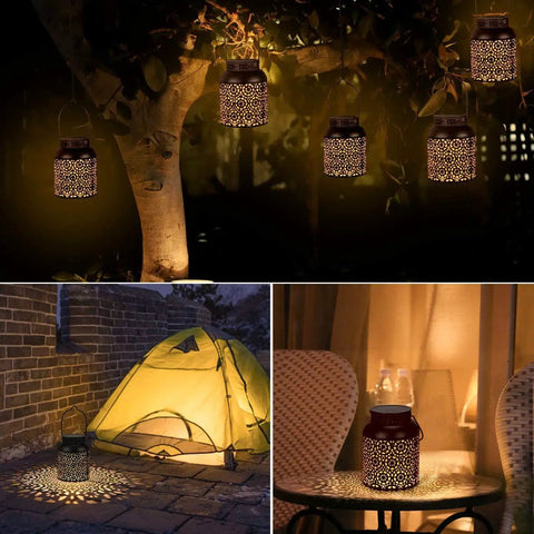 Outdoor Solar Lanterns Pack of 2 Waterproof Hanging Lanterns with handles, illuminating a garden, patio, and campsite at night.