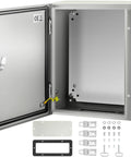 Rugged Outdoor Electrical Enclosure Box 16x12x6 Inches Carbon Steel With Hinged Cover IP66 Waterproof and Dustproof Junction Box Includes Mounting Plate open with hardware
