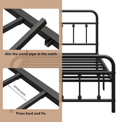 Assembly details of Super Heavy Duty Twin Metal Bed Frame With Vintage Victorian Headboard And Footboard In Matte Black Finish.