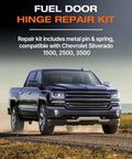 Fuel Tank Repair Kit With Gas Door Spring And Door Hinge Pin For 2019 To 2025 Chevy Silverado And GMC Sierra 1500 2500 3500 Fits 5.8Ft 6.5Ft 6.6Ft Or 8Ft Truck Beds Direct Fit Replacement For Quick Easy Install And Long Lasting Performance. Chevy Silverado pickup image with fuel door hinge repair kit text