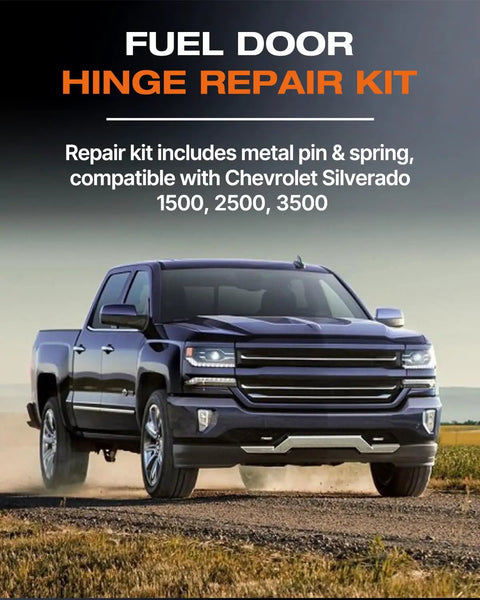 Fuel Tank Repair Kit With Gas Door Spring And Door Hinge Pin For 2019 To 2025 Chevy Silverado And GMC Sierra 1500 2500 3500 Fits 5.8Ft 6.5Ft 6.6Ft Or 8Ft Truck Beds Direct Fit Replacement For Quick Easy Install And Long Lasting Performance. Chevy Silverado pickup image with fuel door hinge repair kit text