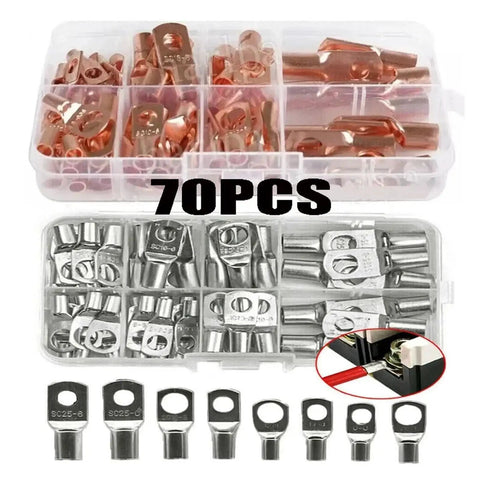 Essential 70 PCS Copper Lug Ring Wire Connectors Cable Crimp Terminal Kit For Solid Gold Plated SC6 To SC25 Electrical Wiring Projects That Are Total Gears. 70-piece copper and silver lug assortments in storage cases