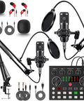Two Mic Podcast Studio Bundle With All In One Sound Card Dual Condenser Mics Boom Arm Clips And A Voice Changer For Podcasting Recording Streaming Gaming And Live Commentary displayed; includes sound card and accessories.