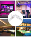 8mm Wide LED Strip Connector Kit 4 Pin RGB Rope Lights Gapless Solderless Clip With 32.8ft Extension Wire And L Shape PCB For 8mm Width Strips Perfect For Cabinet Lighting Accent Walls And DIY Projects Works With 8mm Rope Lights displayed in various home settings