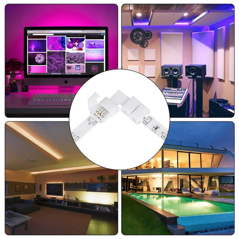 8mm Wide LED Strip Connector Kit 4 Pin RGB Rope Lights Gapless Solderless Clip With 32.8ft Extension Wire And L Shape PCB For 8mm Width Strips Perfect For Cabinet Lighting Accent Walls And DIY Projects Works With 8mm Rope Lights displayed in various home settings