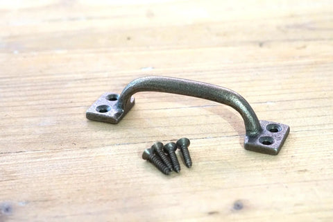 Brass Color Window Drawer Cabinet Pulls Set, 4 Inch Long By 1 Inch Wide With 3 1/2 Inch Center To Center Hole Spacing, displayed with screws