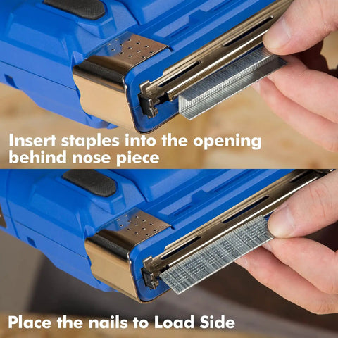 Loading staples and nails into Cordless 20V 2 In 1 Staple And Brad Nail Gun For Upholstery And Woodworking Drives 18 Gauge Brad Nails