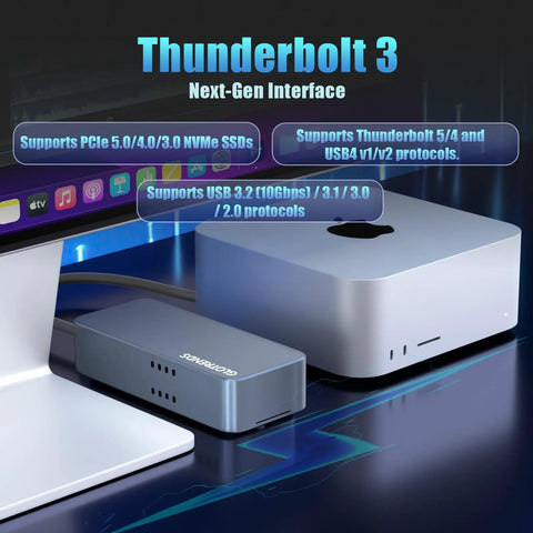 M.2 NVMe SSD Enclosure Delivers Sick 40Gbps Thunderbolt Speeds And Boss Level 3000Mbps Transfer Rate For Next Level Portable Storage with USB connections.