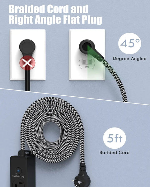 Surge Protector Power Strip With USB C Ports, 5 Outlets And 3 USB Ports, 5 ft braided cord and mountable flat plug shown
