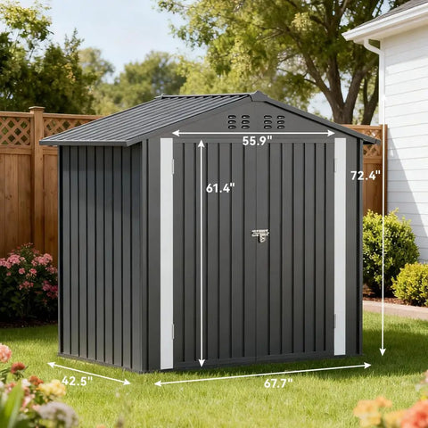 Metal Garden Shed 6x4 Outdoor Storage With Lockable Doors, Adjustable Shelves, And Ventilation, Weatherproof, Gray shed in yard.