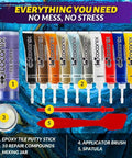 Tile And Stone Repair Kit For Fixing Cracks Chips And Scratches On Bathtubs Tiles Floors Walls And Counters With Kneadable Putty Easy To Use All In One Home Repair Solution with epoxy putty stick, color tubes, mixing jar, brush, and spatula.