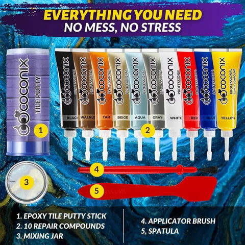 Tile And Stone Repair Kit For Fixing Cracks Chips And Scratches On Bathtubs Tiles Floors Walls And Counters With Kneadable Putty Easy To Use All In One Home Repair Solution with epoxy putty stick, color tubes, mixing jar, brush, and spatula.