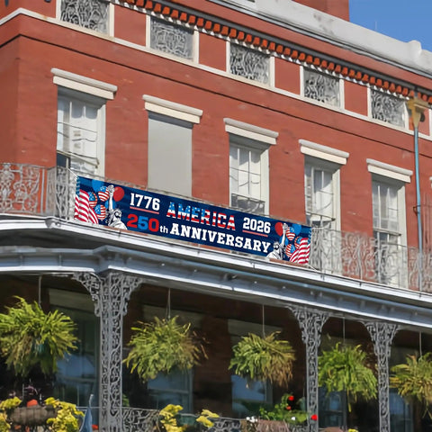 250th Anniversary American Banner Flag 1776 2026 Patriotic Decor displayed on building facade
