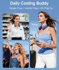 Women using Portable Neck Fan With 5200mAh Battery Bladeless Personal Cooler in work, travel, and concert settings.