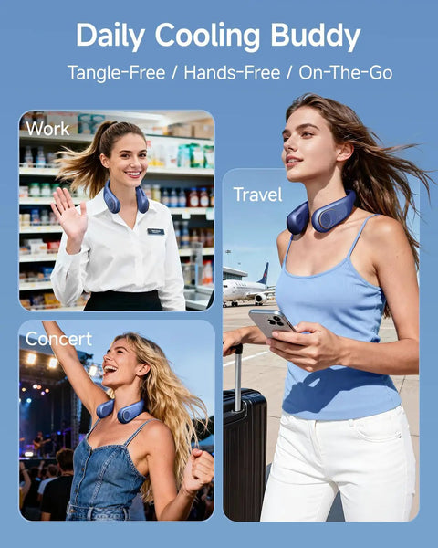 Women using Portable Neck Fan With 5200mAh Battery Bladeless Personal Cooler in work, travel, and concert settings.
