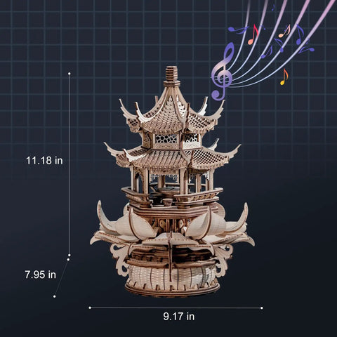 Awesome Wooden 3D Puzzle Lotus Pavilion Music Box Building Kit For Adults With 619 Precisely Cut Parts And Included Tools Wax Sandpaper DIY Wood Craft Gift For Men And Women Creative Assembly Hobby Toy For Mindful Play, 11.18 in tall