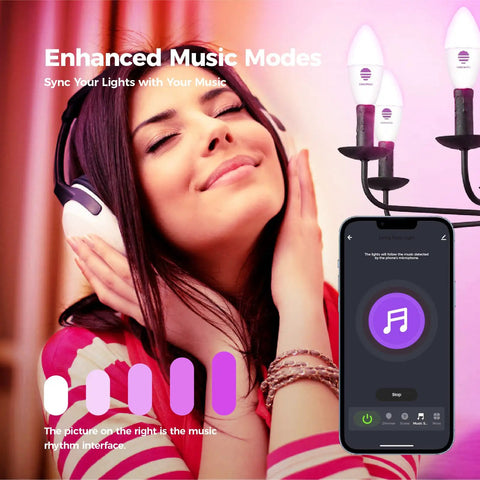 Woman listening to music with Candelabra LED Bulbs RGB Color Changing Smart Bulbs E12, 6W (60W Equivalent) syncing to music via app