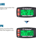 Hour Meter And RPM Tachometer With RPM Alert One Button Data Check Total Engine Hours Dual SVC And SVC2 Countdown Timers Resettable Job Timer Red Button Edition For Easy On The Fly Engine Monitoring showing clock and RPM modes