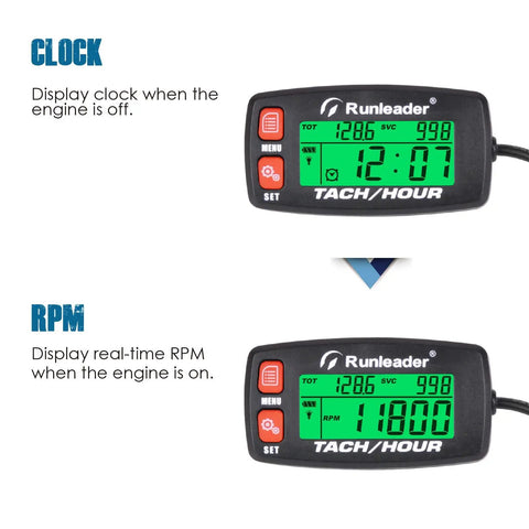 Hour Meter And RPM Tachometer With RPM Alert One Button Data Check Total Engine Hours Dual SVC And SVC2 Countdown Timers Resettable Job Timer Red Button Edition For Easy On The Fly Engine Monitoring showing clock and RPM modes