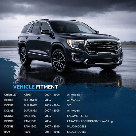 Vehicle fitment guide for Rear Brake Kit With Beefed-Up Drilled And Slotted 13.86 Inch Disc Rotors And Ceramic Pads Direct Fit For 5 Lug Dodge Ram 1500 Durango And Chrysler Aspen Models 2004 To 2009 next to SUV.