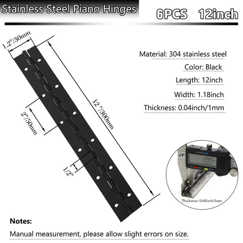 Top Shelf 6 Pack 12 Inch Piano Hinges 304 Stainless Steel 1.2 Inch Wide Black with dimensions and detailing.