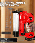 Heavy Duty 20V Cordless Brad Nailer And Stapler Kit Featuring Adjustable Depth Control, showing two firing modes on red body.