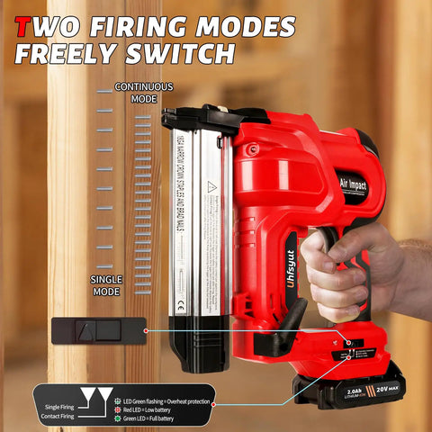 Heavy Duty 20V Cordless Brad Nailer And Stapler Kit Featuring Adjustable Depth Control, showing two firing modes on red body.