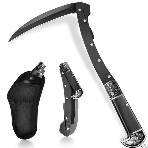 Two Section Folding Sickle Knife With Wooden Handle And Rose Patterned Silver Accents, Solid Stainless Steel Build, Foldable Scythe Tool With Sheath, Kama Collection