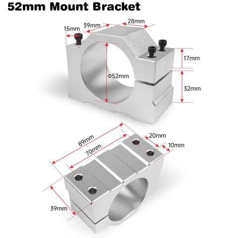 52mm mount clamp for Beefy 500W Spindle Motor For CNC Router, Air Cooled ER11, with detailed measurements and metal construction.