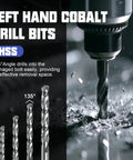 Close-up of left hand cobalt drill bits in use, part of the 26 Piece Damaged Screw And Bolt Extractor Set With Left Hand Cobalt Drill Bits Easy Out Screw Remover Kit For Removing Rusted Seized And Broken Nuts And Bolts Pro Grade Heavy Duty Chrome Molybdenum Steel Construction.