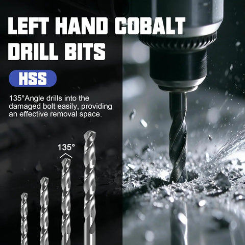 Close-up of left hand cobalt drill bits in use, part of the 26 Piece Damaged Screw And Bolt Extractor Set With Left Hand Cobalt Drill Bits Easy Out Screw Remover Kit For Removing Rusted Seized And Broken Nuts And Bolts Pro Grade Heavy Duty Chrome Molybdenum Steel Construction.