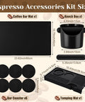 Image showing size and components of 9 Piece Espresso Knock Box Kit With Oversized Silicone Coffee Mat And Tamping Mat