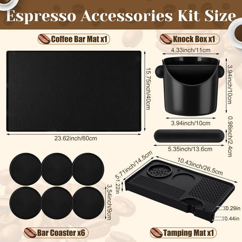Image showing size and components of 9 Piece Espresso Knock Box Kit With Oversized Silicone Coffee Mat And Tamping Mat