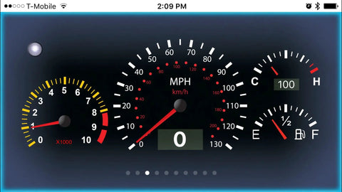 Digital dashboard display showing speedometer and gauges, related to Configurable Auto On Off Bluetooth Low Energy OBD II Car Diagnostic Tool.