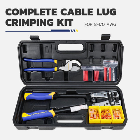 Pro Grade Heavy Duty Battery Cable Crimping Tool Kit With Ratchet Hex Extended Handle For 8,6,4,2,1,1/0 AWG Copper Lugs shown in case