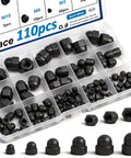 Six Size Hex Acorn Cap Nut Covers Kit For M3 To M10 Bolts, Nylon Screw Caps For Indoor Outdoor Use, 110 Pieces displayed in box