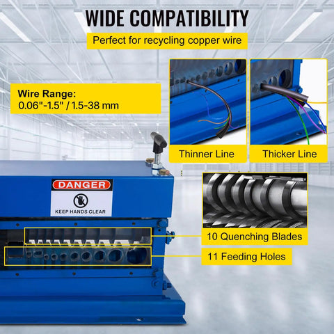 Electric Wire Stripping Machine For Copper Recycling, Fits 0.06 To 1.5 Inch Wires With Eleven Feed Channels And Ten Precision Blades. Running At 75 Feet Per Minute, This Rugged Aluminum Rig Works Like A Charm On Wiring Jobs Today.