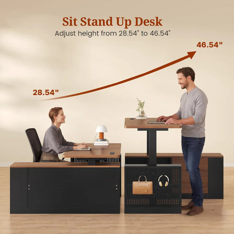 L Shaped Standing Desk With Electric Height Adjustment For Sit-Stand Comfort, 53-Inch Corner Office Desk in use by two people