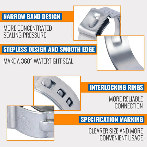 30 Pack 3/4 Inch Pex Crimp Rings Stainless Steel Cinch Clamps For Tubing And Pipes, narrow band design, close-up view