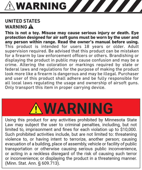Barrett Licensed M98B MRAD AEG Airsoft Rifle warning label detailing safety instructions and legal warnings