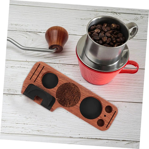 Sturdy Wooden Espresso Tamper Station Featuring Slick Portafilter Holder And Compact Coffee Organizer To Keep Your Kitchen Counter Looking Fresh And Totally Built For The Morning Rush, with coffee grinder and cup.