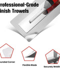 Pro Grade Drywall Finish Trowel With Stainless Steel Blade And Ergonomic Grip showing flexible blade and rounded corner details.