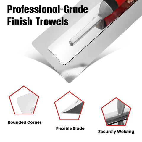 Pro Grade Drywall Finish Trowel With Stainless Steel Blade And Ergonomic Grip showing flexible blade and rounded corner details.