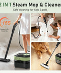 2 In 1 Steam Cleaner And Handheld Mop With 37 Slick Attachments For Spotless Hardwood Tile Floors Kitchen Bath And Cars Easy Setup Heavy 2500 Watt Output Kicks Serious Grime Like A Boss Saves Bucks On Chemicals in use, steaming furniture and floors.